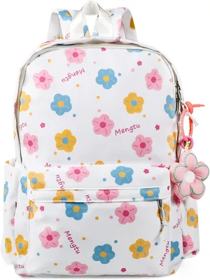 Kawaii Backpack Pink Flower Y2K Aesthetic Cute Small cosmetic bag Large Capacity Multi-Pocket Lightweight Beige with Accessory