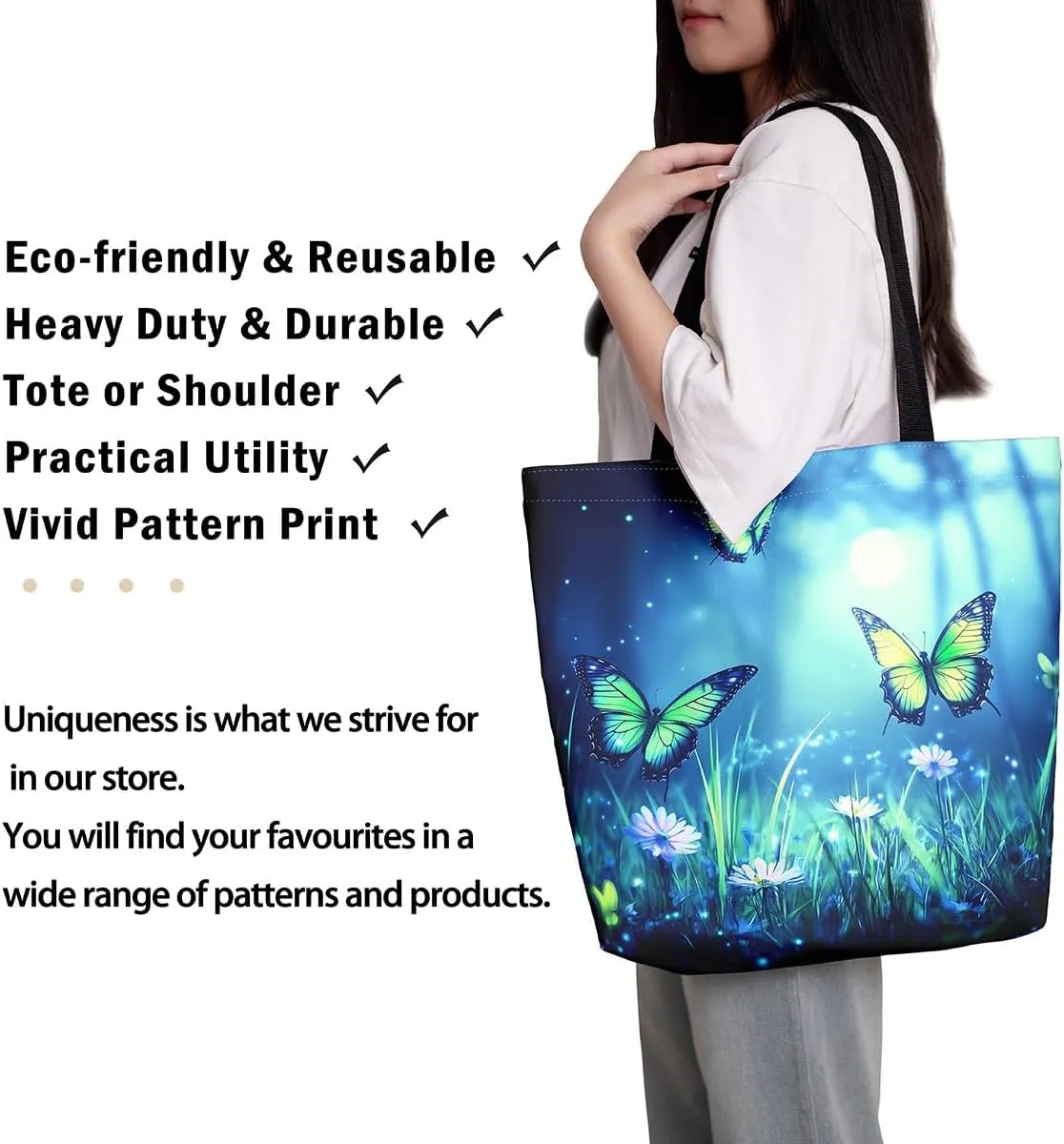 Kawaii Canvas Tote Bag for Women,Rainbow Cute Clouds Raindrop Handbag,Bohemian Stars Love Hearts Shoulder Bag