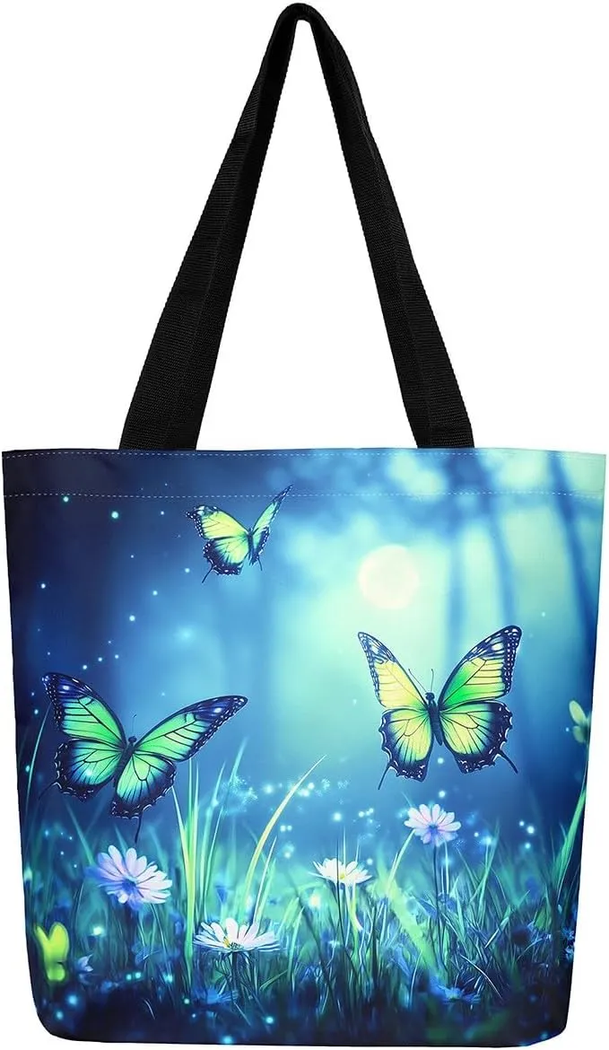Kawaii Canvas Tote Bag for Women,Rainbow Cute Clouds Raindrop Handbag,Bohemian Stars Love Hearts Shoulder Bag