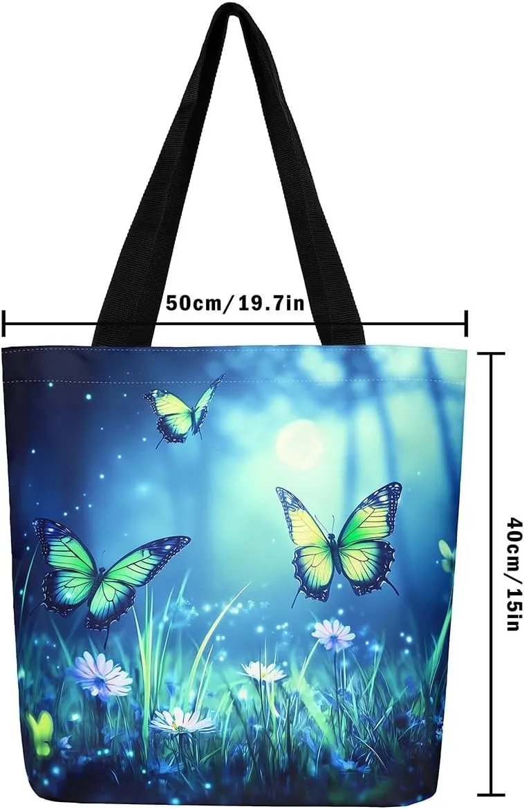 Kawaii Canvas Tote Bag for Women,Rainbow Cute Clouds Raindrop Handbag,Bohemian Stars Love Hearts Shoulder Bag