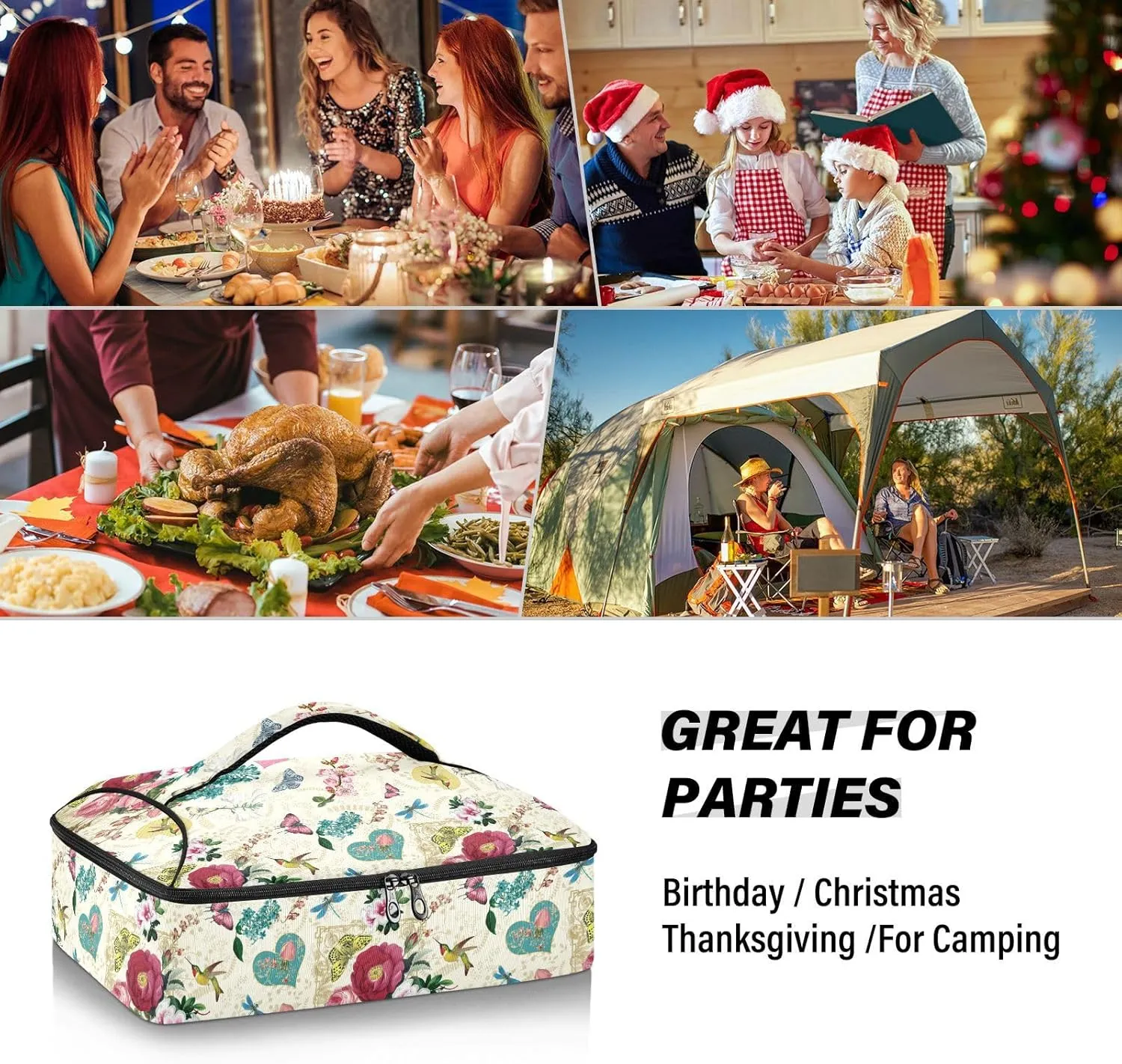 Kcldeci Insulated Casserole Carrier Hearts and Flowers Casserole Dish Carrier Bag for Hot or Cold Food
