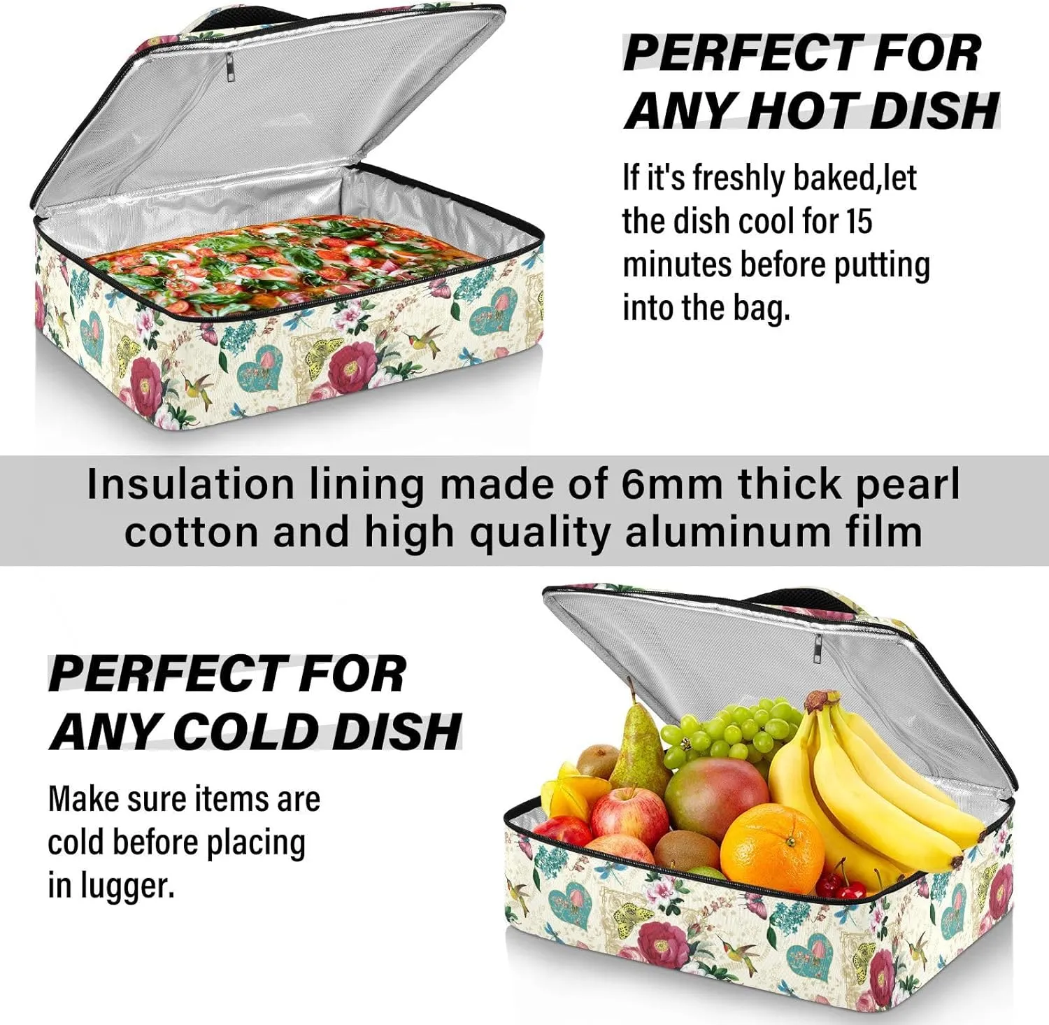 Kcldeci Insulated Casserole Carrier Hearts and Flowers Casserole Dish Carrier Bag for Hot or Cold Food