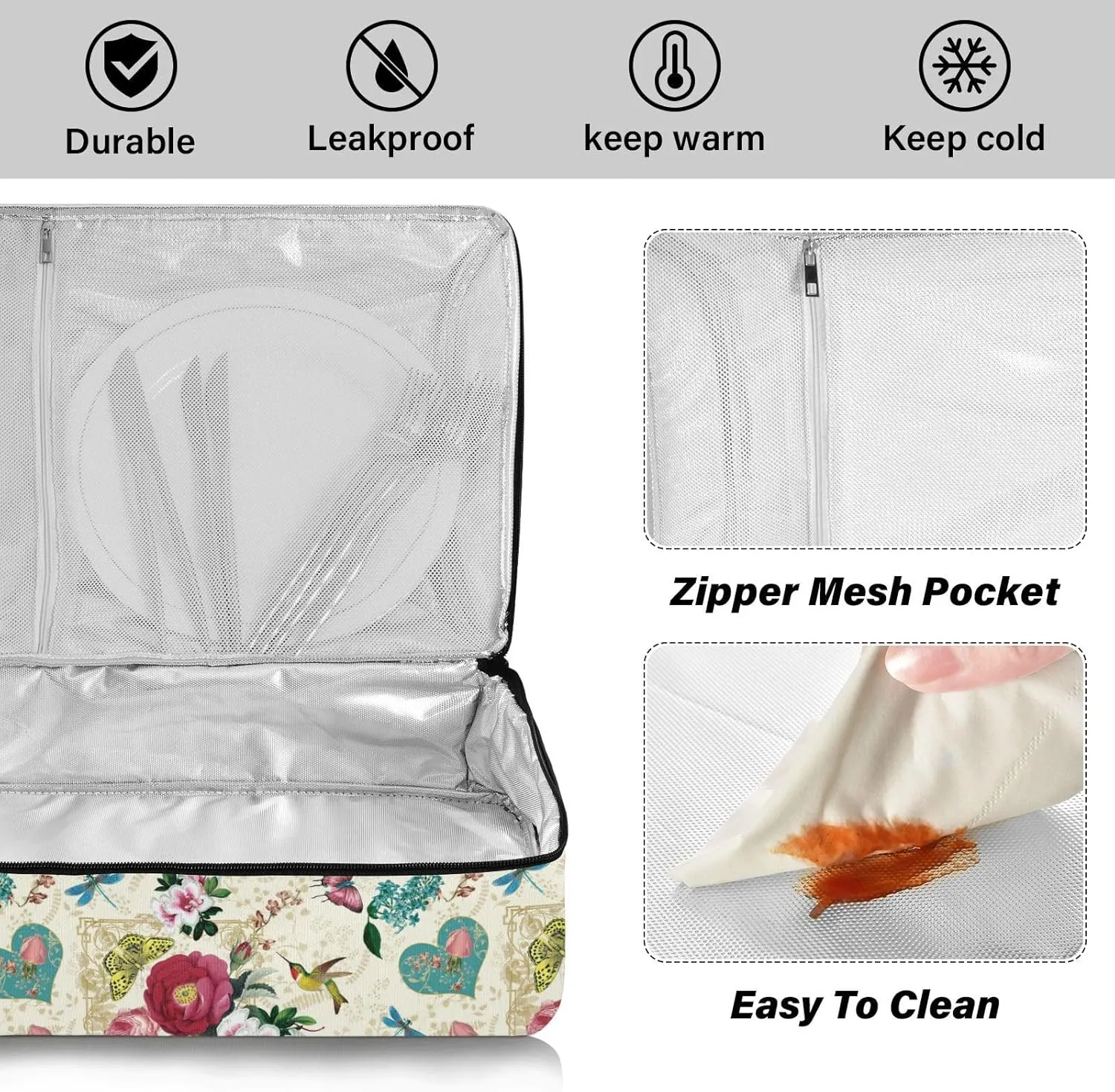 Kcldeci Insulated Casserole Carrier Hearts and Flowers Casserole Dish Carrier Bag for Hot or Cold Food