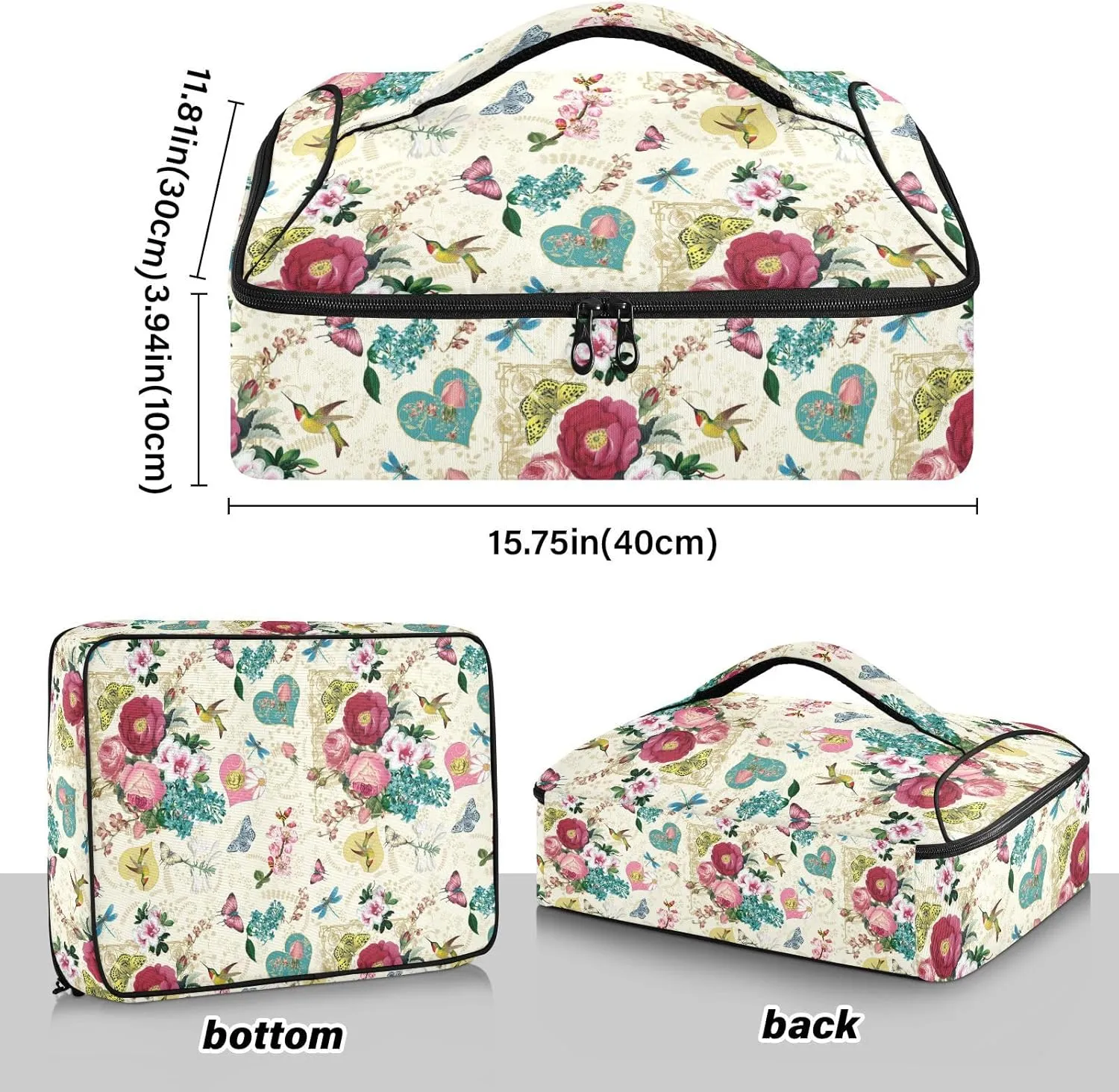 Kcldeci Insulated Casserole Carrier Hearts and Flowers Casserole Dish Carrier Bag for Hot or Cold Food