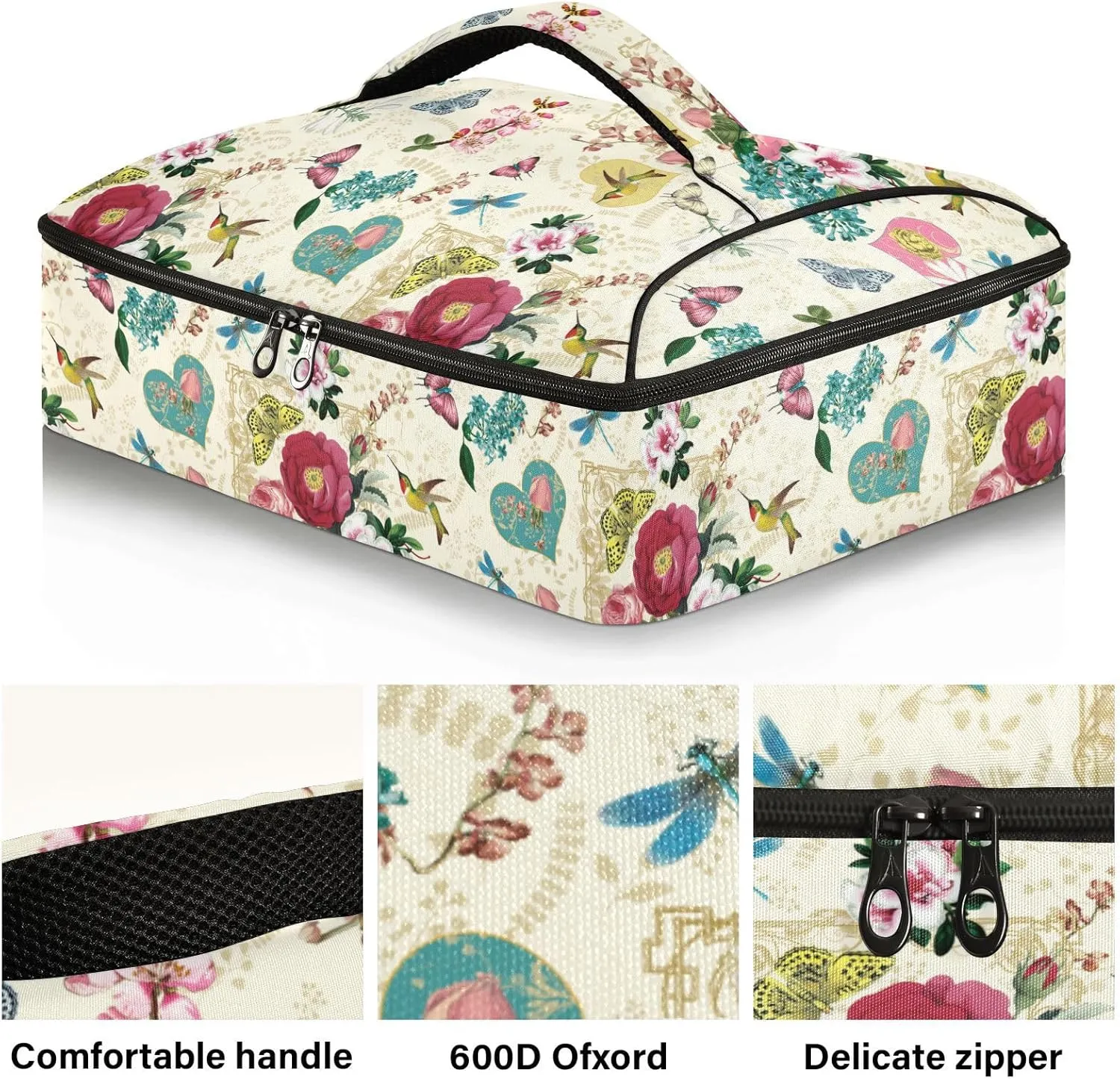 Kcldeci Insulated Casserole Carrier Hearts and Flowers Casserole Dish Carrier Bag for Hot or Cold Food