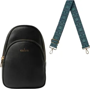 KEDZIE Sunset Sling Bag Vegan Leather Crossbody Bag (Black V2) & Interchangeable 2-Inch Bag Strap (Viceroy)