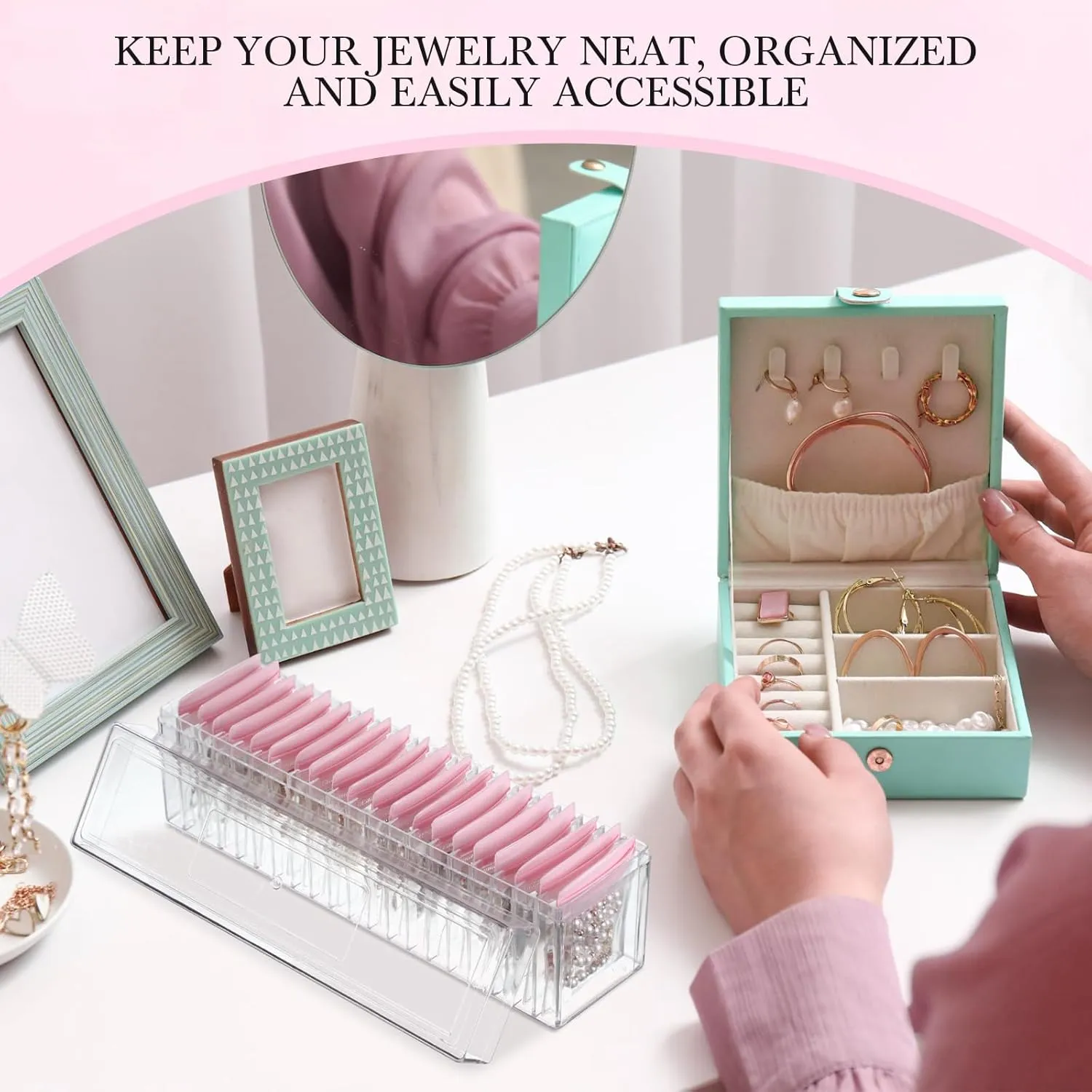 Kenning 42 Pcs Acrylic Jewelry Case Organizer, Clear Jewelry Organizers Holder with Portable Anti Tarnish Storage Bags for Rings, Earrings, Necklaces, Ideal Gifts for Women (Pink)