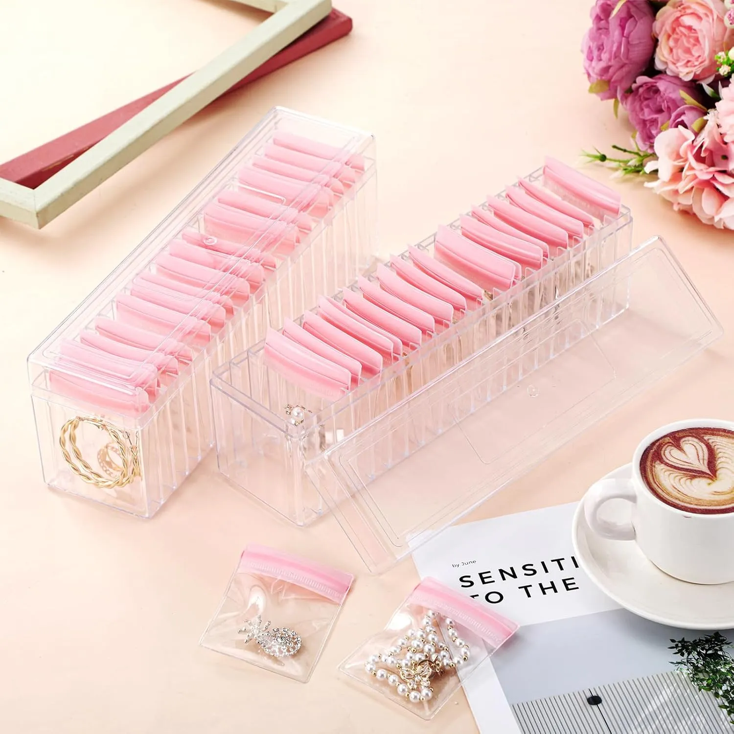 Kenning 42 Pcs Acrylic Jewelry Case Organizer, Clear Jewelry Organizers Holder with Portable Anti Tarnish Storage Bags for Rings, Earrings, Necklaces, Ideal Gifts for Women (Pink)