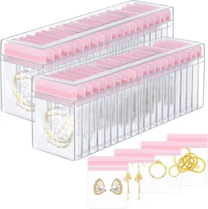Kenning 42 Pcs Acrylic Jewelry Case Organizer, Clear Jewelry Organizers Holder with Portable Anti Tarnish Storage Bags for Rings, Earrings, Necklaces, Ideal Gifts for Women (Pink)
