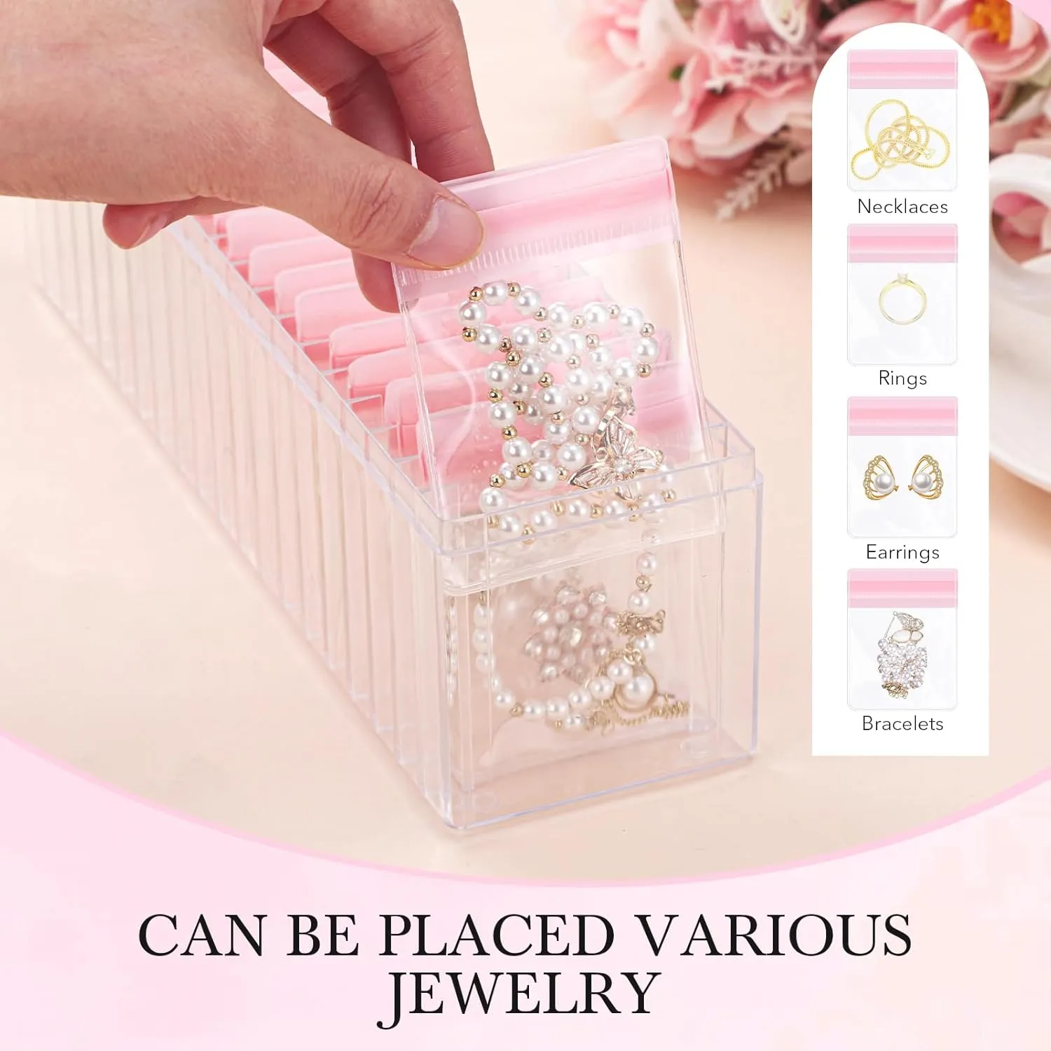 Kenning 42 Pcs Acrylic Jewelry Case Organizer, Clear Jewelry Organizers Holder with Portable Anti Tarnish Storage Bags for Rings, Earrings, Necklaces, Ideal Gifts for Women (Pink)