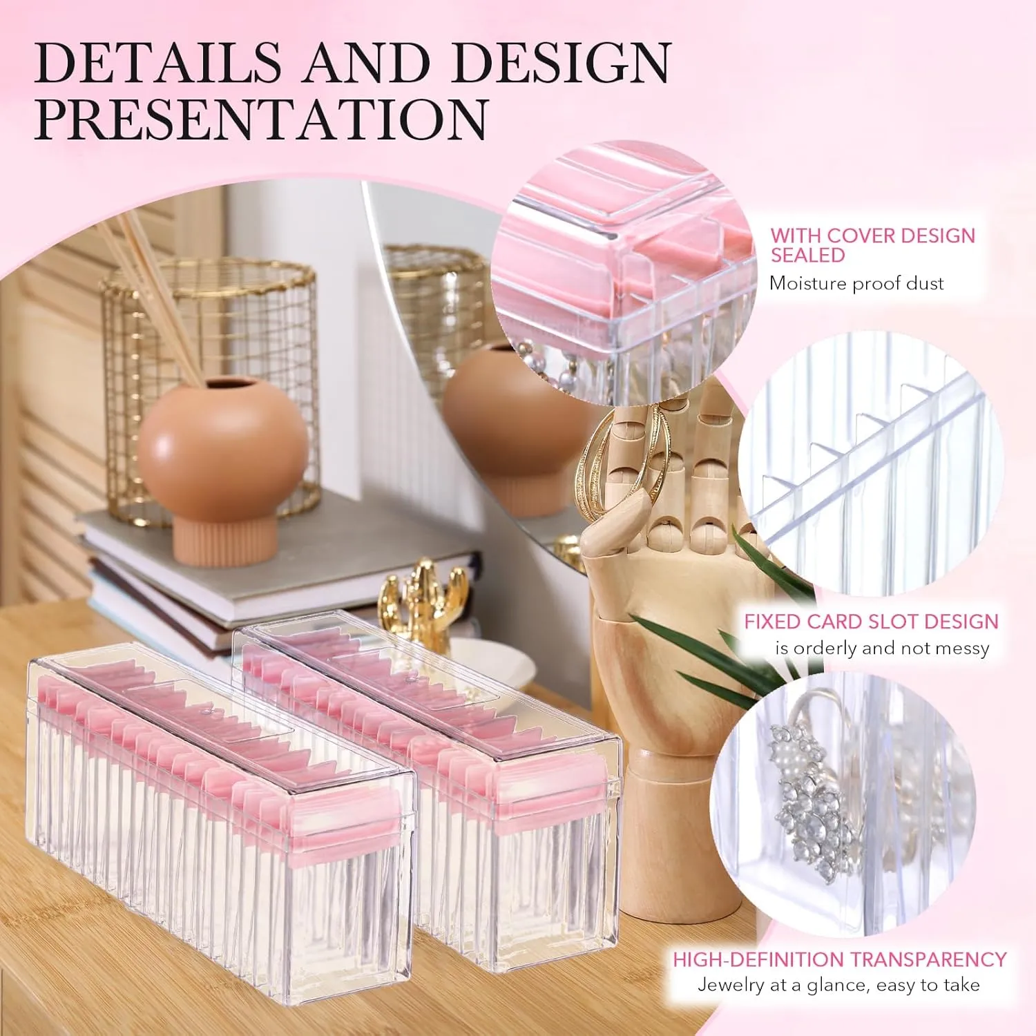 Kenning 42 Pcs Acrylic Jewelry Case Organizer, Clear Jewelry Organizers Holder with Portable Anti Tarnish Storage Bags for Rings, Earrings, Necklaces, Ideal Gifts for Women (Pink)
