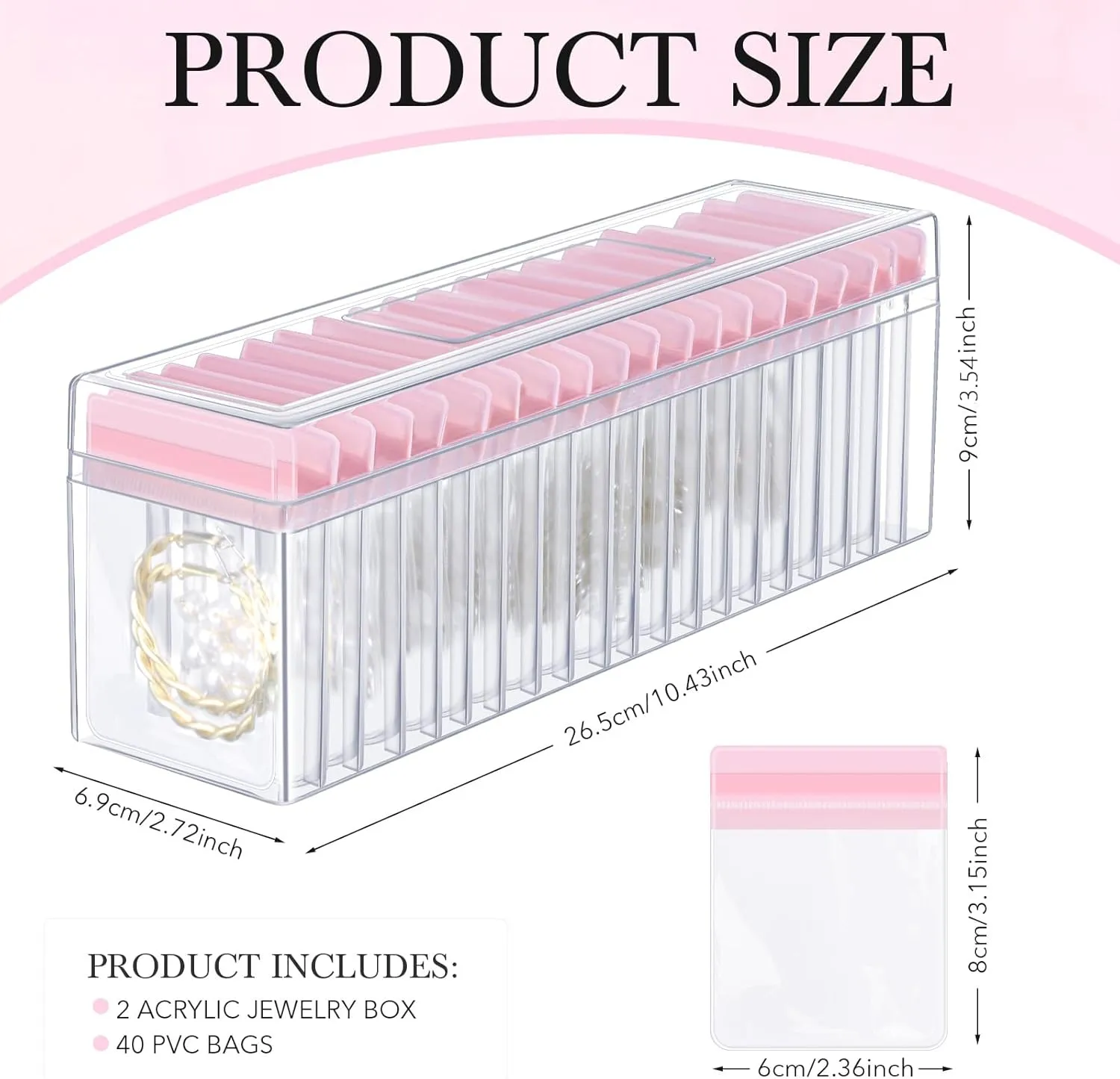 Kenning 42 Pcs Acrylic Jewelry Case Organizer, Clear Jewelry Organizers Holder with Portable Anti Tarnish Storage Bags for Rings, Earrings, Necklaces, Ideal Gifts for Women (Pink)