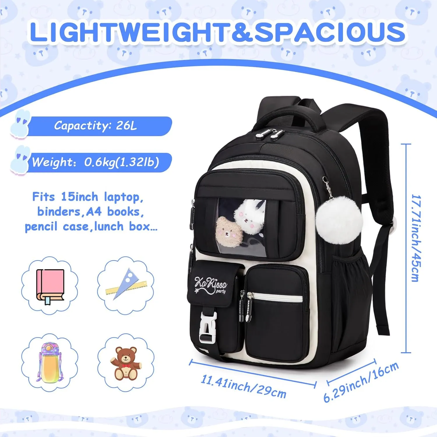 Kids Backpack for Girls - Elementary School Book Bag - Kawaii Ita Backpack - Black and Beige