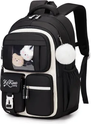 Kids Backpack for Girls - Elementary School Book Bag - Kawaii Ita Backpack - Black and Beige