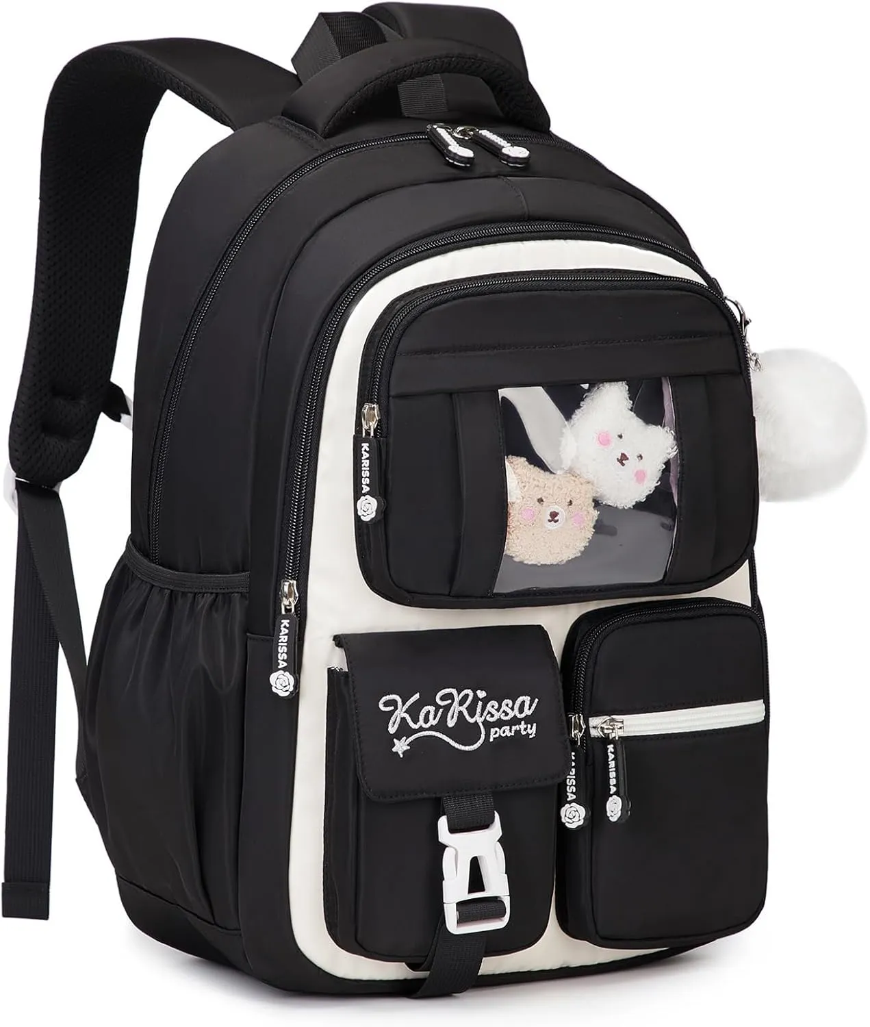 Kids Backpack for Girls - Elementary School Book Bag - Kawaii Ita Backpack - Black and Beige