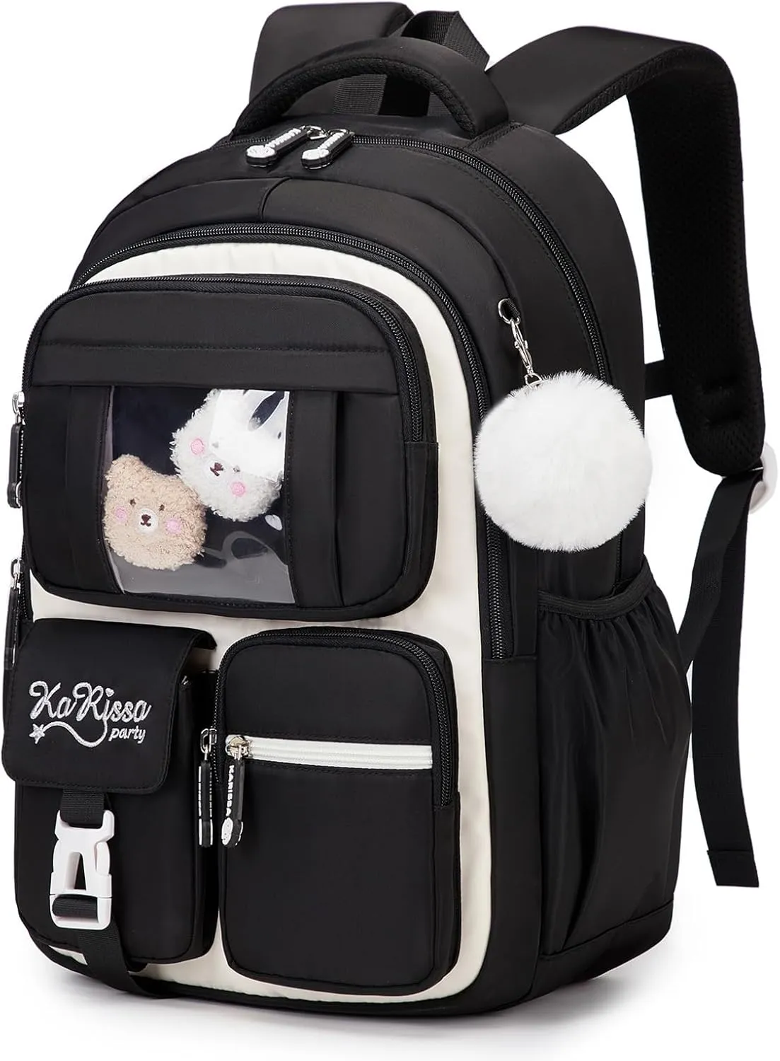 Kids Backpack for Girls - Elementary School Book Bag - Kawaii Ita Backpack - Black and Beige