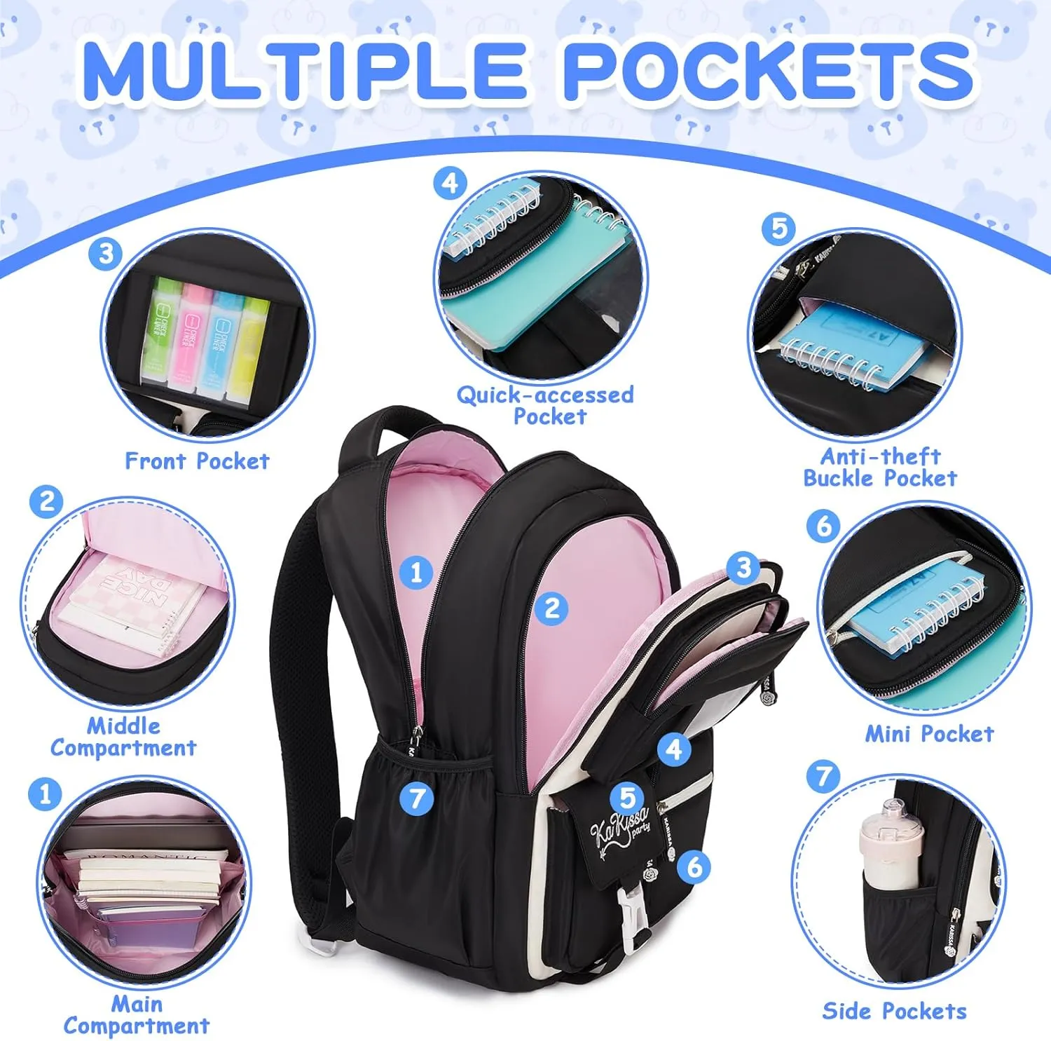 Kids Backpack for Girls - Elementary School Book Bag - Kawaii Ita Backpack - Black and Beige