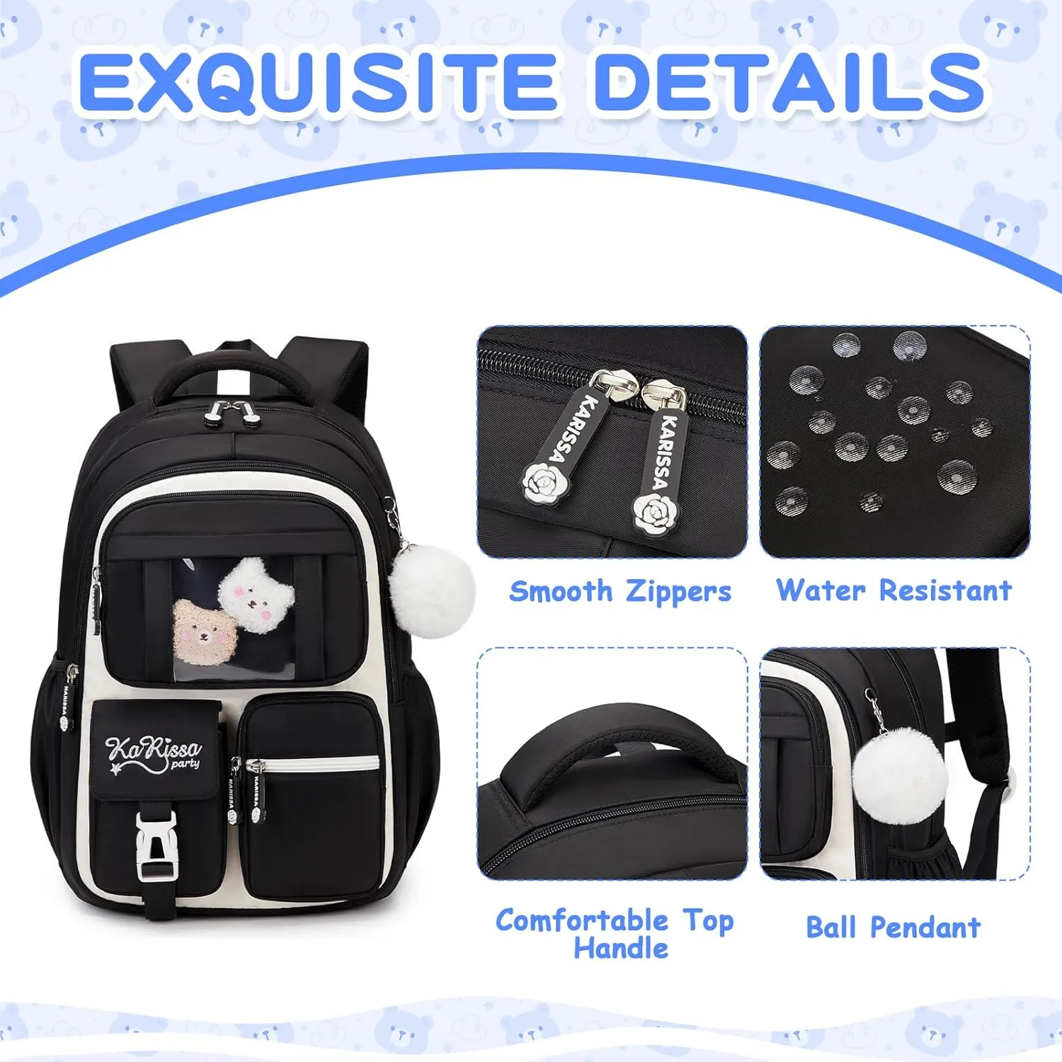 Kids Backpack for Girls - Elementary School Book Bag - Kawaii Ita Backpack - Black and Beige
