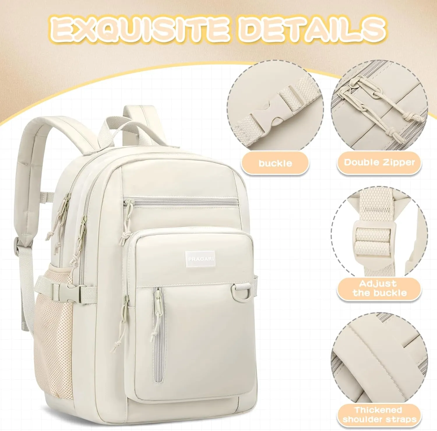Kids Backpack for School Cute Aesthetic Beige Backpack Girls Student Bookbag Women Travel Lightweight Book Bag