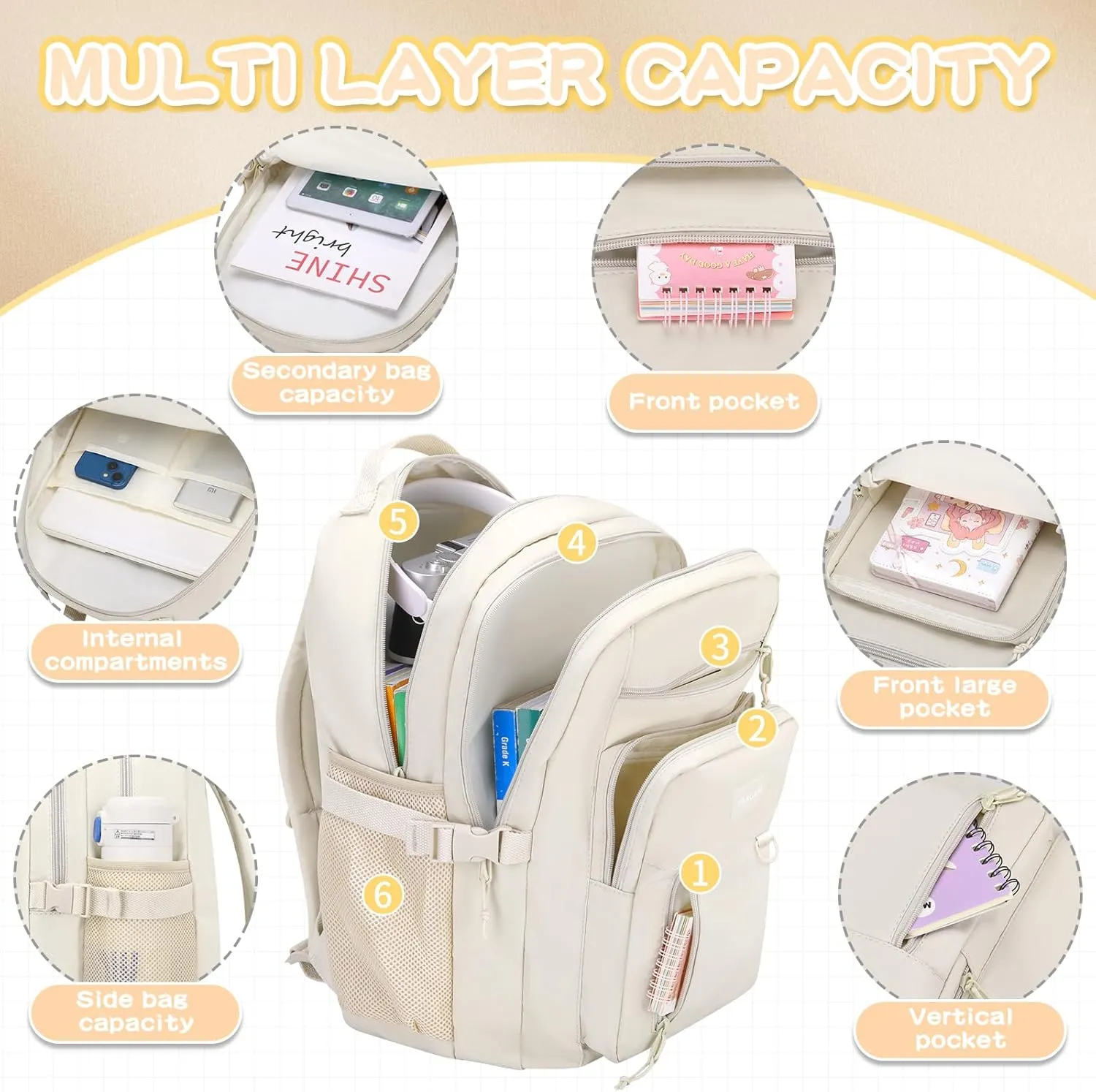 Kids Backpack for School Cute Aesthetic Beige Backpack Girls Student Bookbag Women Travel Lightweight Book Bag