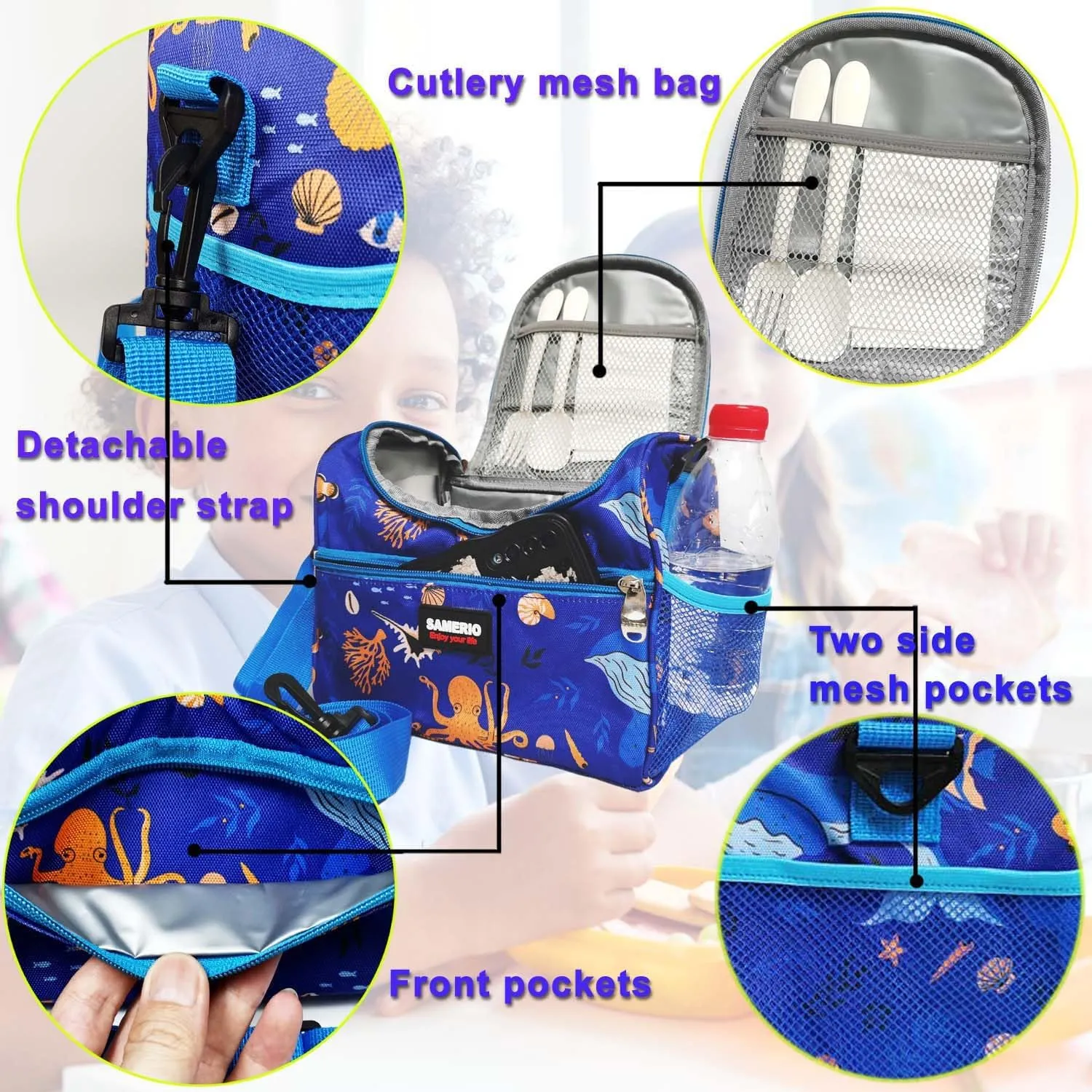 Kids Lunch Bag insulated Cooler Lunch Box for Girls Boys Children Student Small Bento Bags for School Picnic with Detachable Strap Two Side Mesh Pockets
