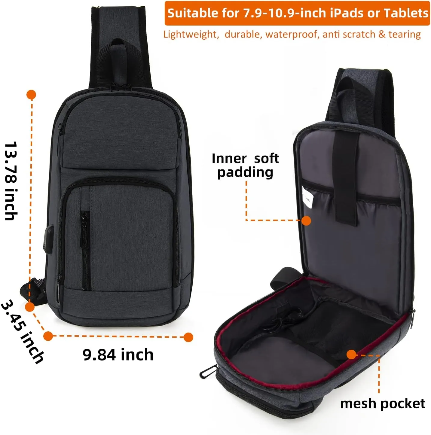 KINGSLONG 14-16 inch Sling Bag for Men,Black Crossbody Bag with USB Charging Port Fits 10.2inch iPad, Casual Daypack