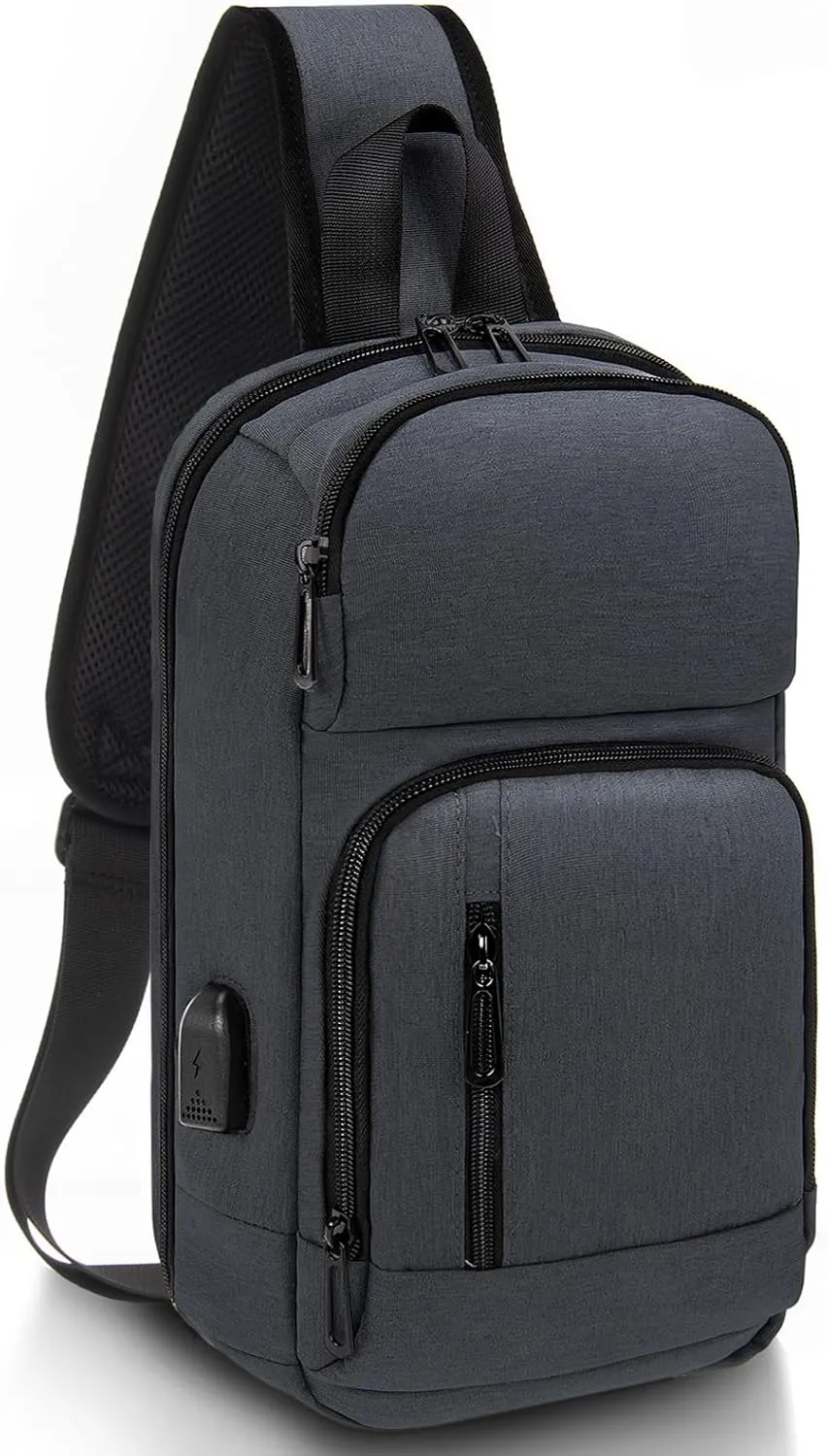KINGSLONG 14-16 inch Sling Bag for Men,Black Crossbody Bag with USB Charging Port Fits 10.2inch iPad, Casual Daypack