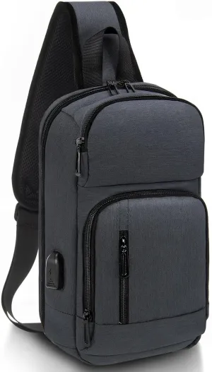 KINGSLONG 14-16 inch Sling Bag for Men,Black Crossbody Bag with USB Charging Port Fits 10.2inch iPad, Casual Daypack