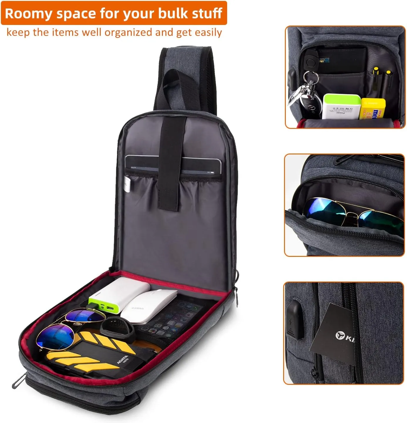 KINGSLONG 14-16 inch Sling Bag for Men,Black Crossbody Bag with USB Charging Port Fits 10.2inch iPad, Casual Daypack