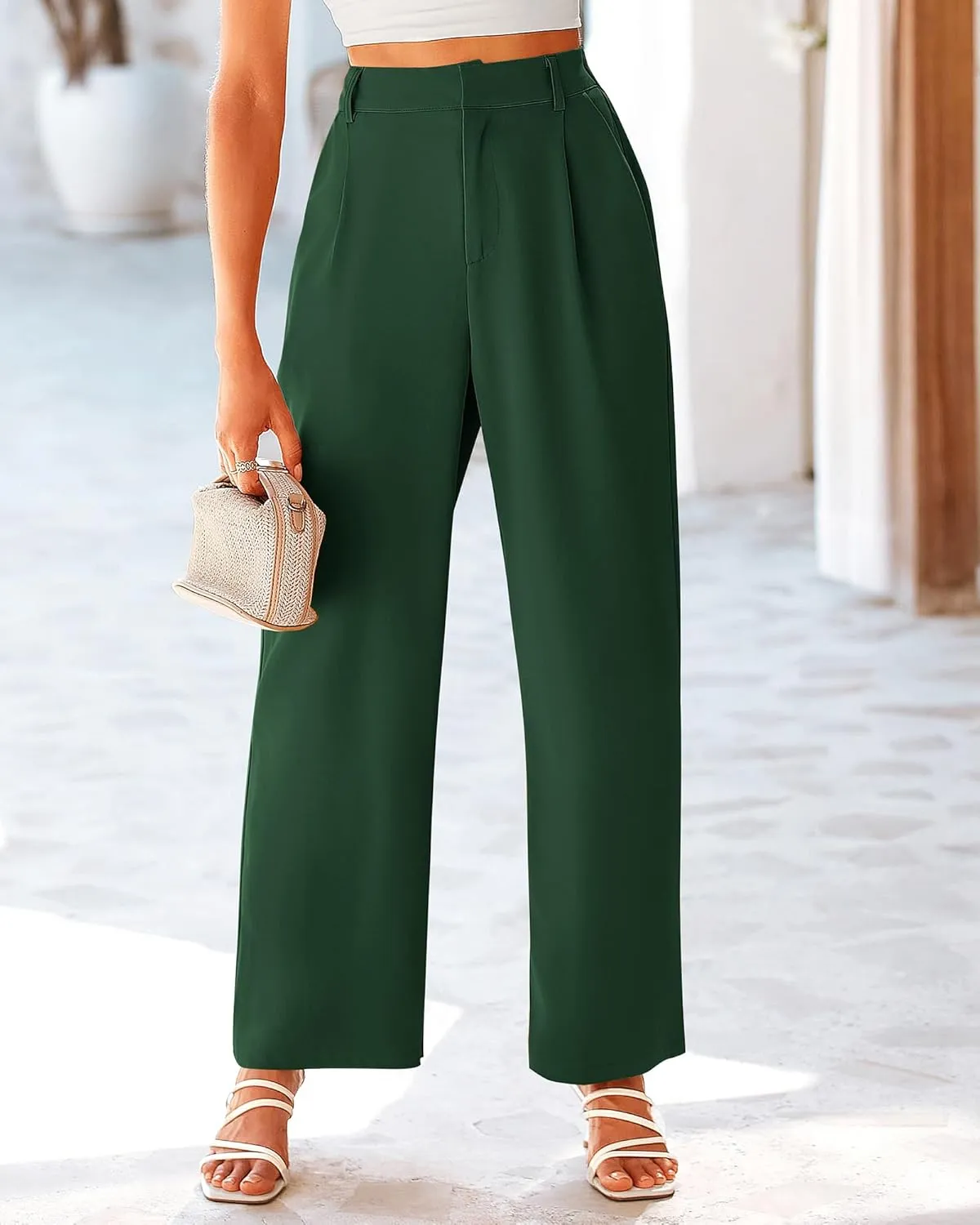 KIRUNDO Women's Elastic High Waisted Wide Leg Dress Pants Loose Fit Pleated Front Business Casual Work Pants Trousers