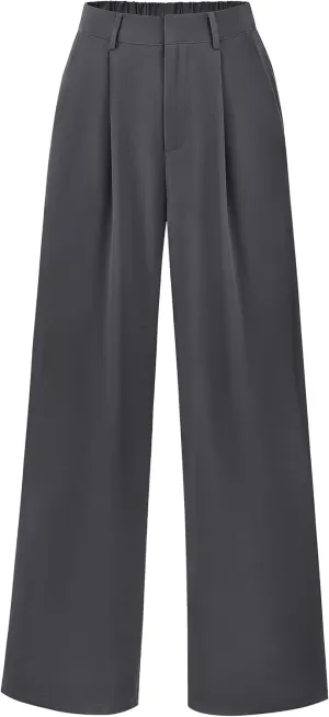 KIRUNDO Women's Elastic High Waisted Wide Leg Dress Pants Loose Fit Pleated Front Business Casual Work Pants Trousers