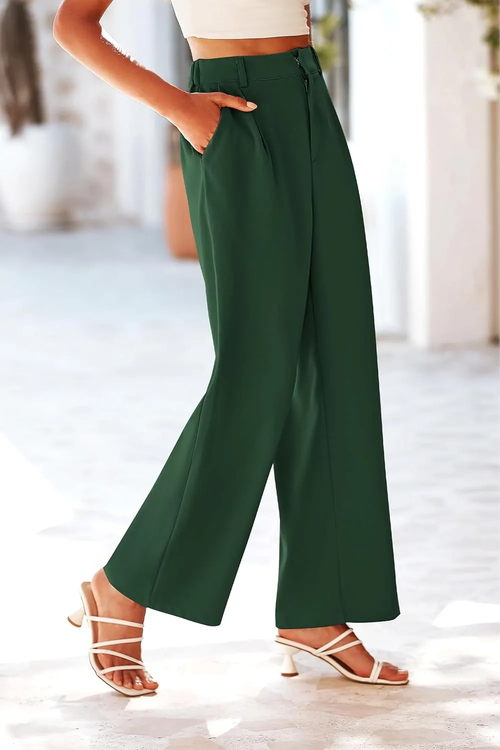 KIRUNDO Women's Elastic High Waisted Wide Leg Dress Pants Loose Fit Pleated Front Business Casual Work Pants Trousers