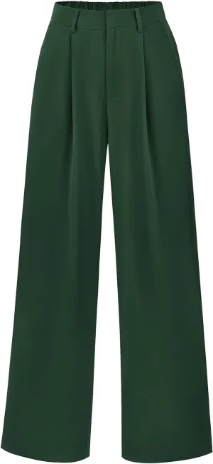 KIRUNDO Women's Elastic High Waisted Wide Leg Dress Pants Loose Fit Pleated Front Business Casual Work Pants Trousers