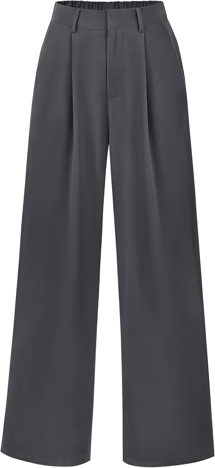 KIRUNDO Women's Elastic High Waisted Wide Leg Dress Pants Loose Fit Pleated Front Business Casual Work Pants Trousers