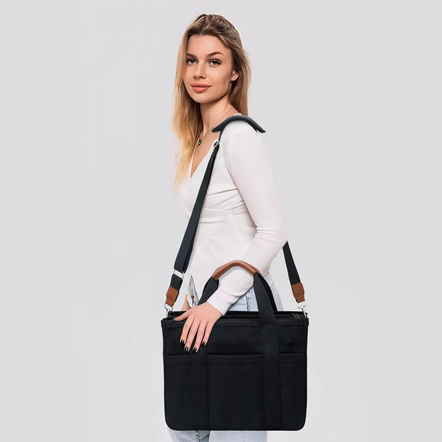 KKXIU Canvas Tote Bag for Women with Zipper and Compartments Crossbody Large Bible Messenger Purse Bag With Pockets
