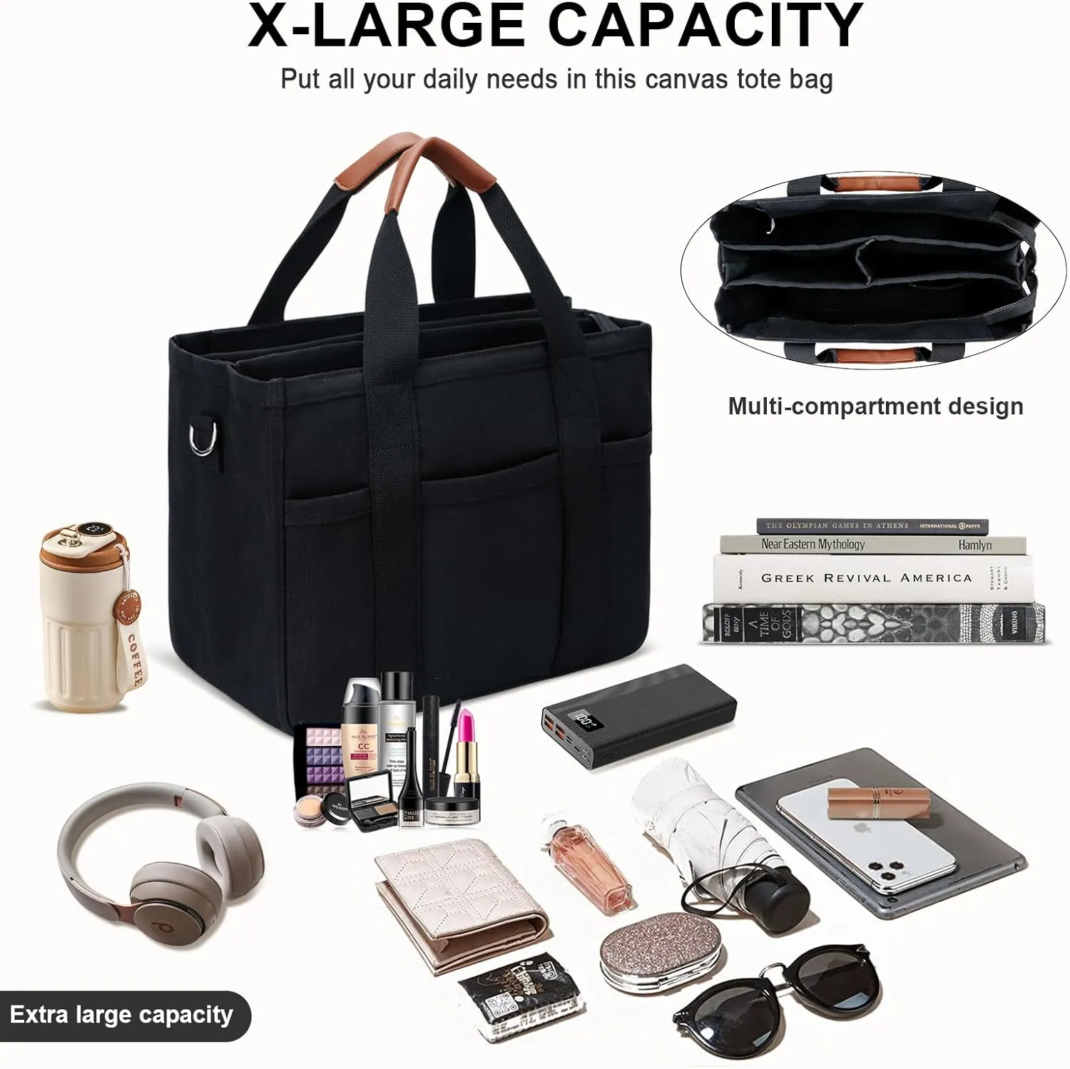 KKXIU Canvas Tote Bag for Women with Zipper and Compartments Crossbody Large Bible Messenger Purse Bag With Pockets