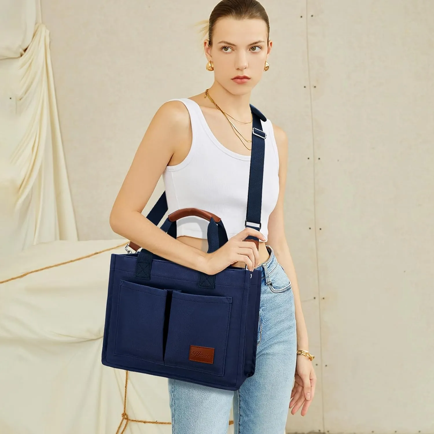 KKXIU Large Canvas Tote Bag for Women with Zipper and Compartments Crossbody Work Bible Messenger Purse Bag With Pockets