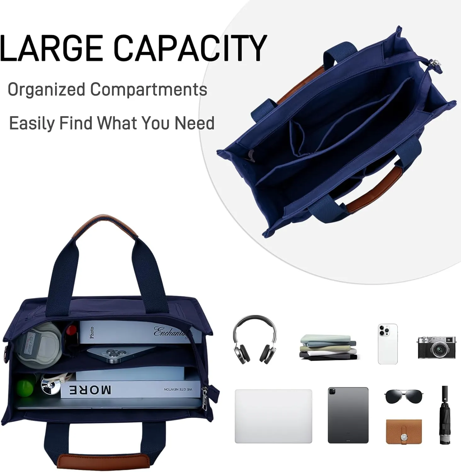 KKXIU Large Canvas Tote Bag for Women with Zipper and Compartments Crossbody Work Bible Messenger Purse Bag With Pockets