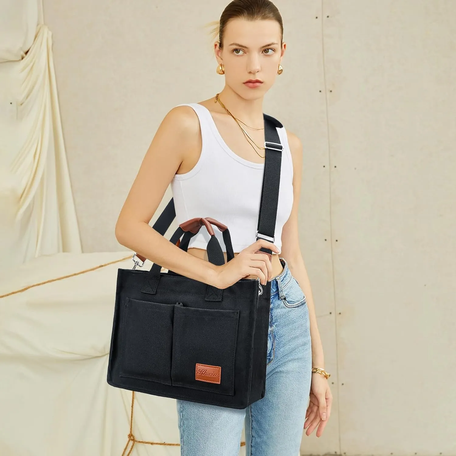 KKXIU Large Canvas Tote Bag for Women with Zipper and Compartments Crossbody Work Bible Messenger Purse Bag With Pockets