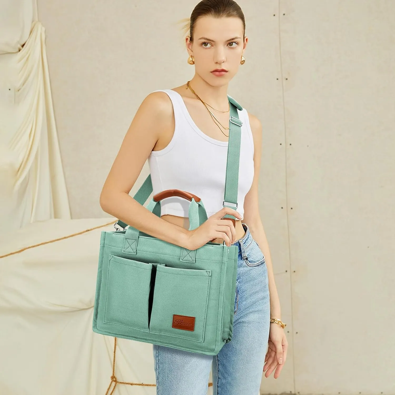 KKXIU Large Canvas Tote Bag for Women with Zipper and Compartments Crossbody Work Bible Messenger Purse Bag With Pockets