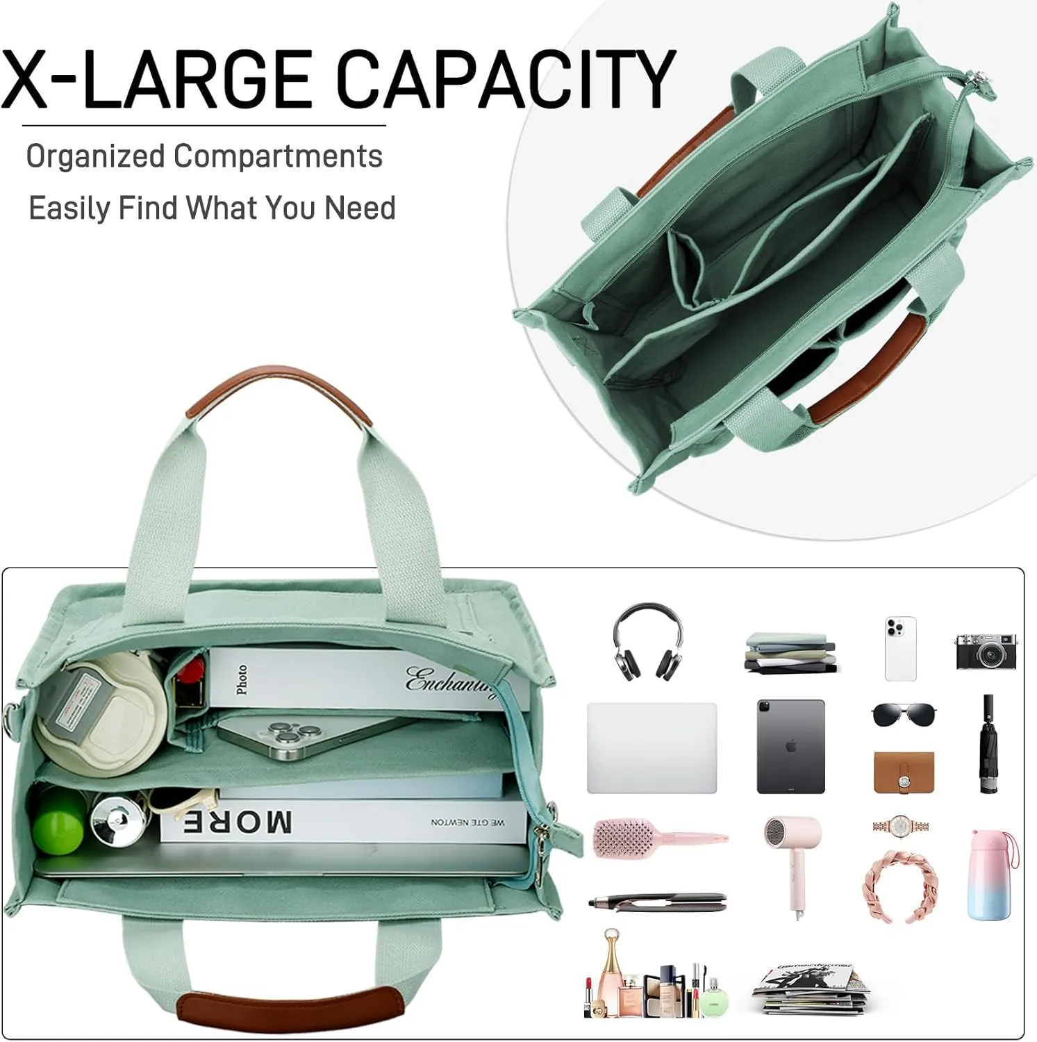 KKXIU Large Canvas Tote Bag for Women with Zipper and Compartments Crossbody Work Bible Messenger Purse Bag With Pockets