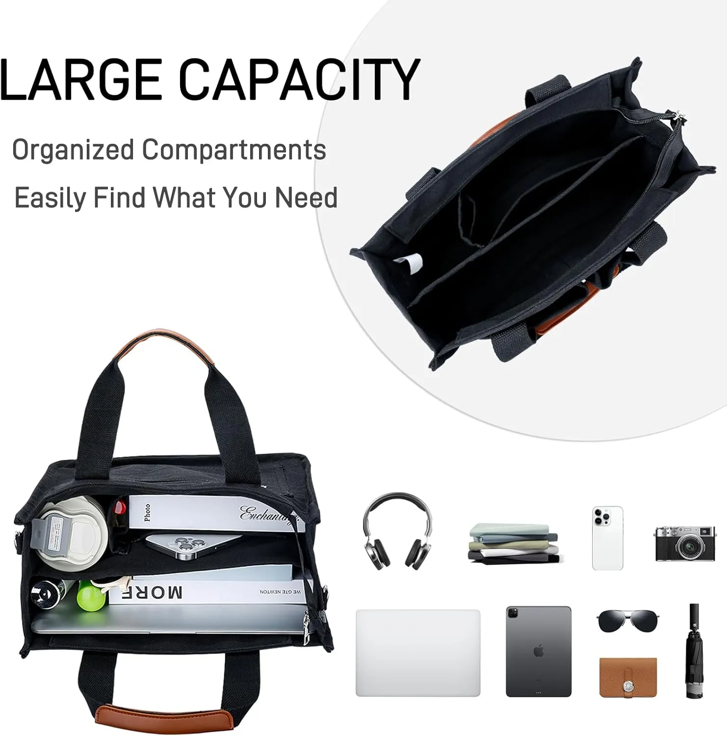KKXIU Large Canvas Tote Bag for Women with Zipper and Compartments Crossbody Work Bible Messenger Purse Bag With Pockets