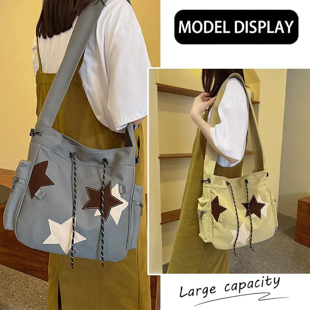 KlaOYer Cute Messenger Bag Canvas Shoulder Bag Star Crossbody Purse Y2K Tote Bag Kawaii Aesthetic Hobo Handbag for Women
