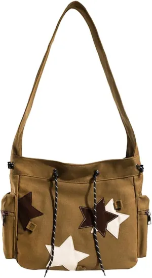 KlaOYer Cute Messenger Bag Canvas Shoulder Bag Star Crossbody Purse Y2K Tote Bag Kawaii Aesthetic Hobo Handbag for Women