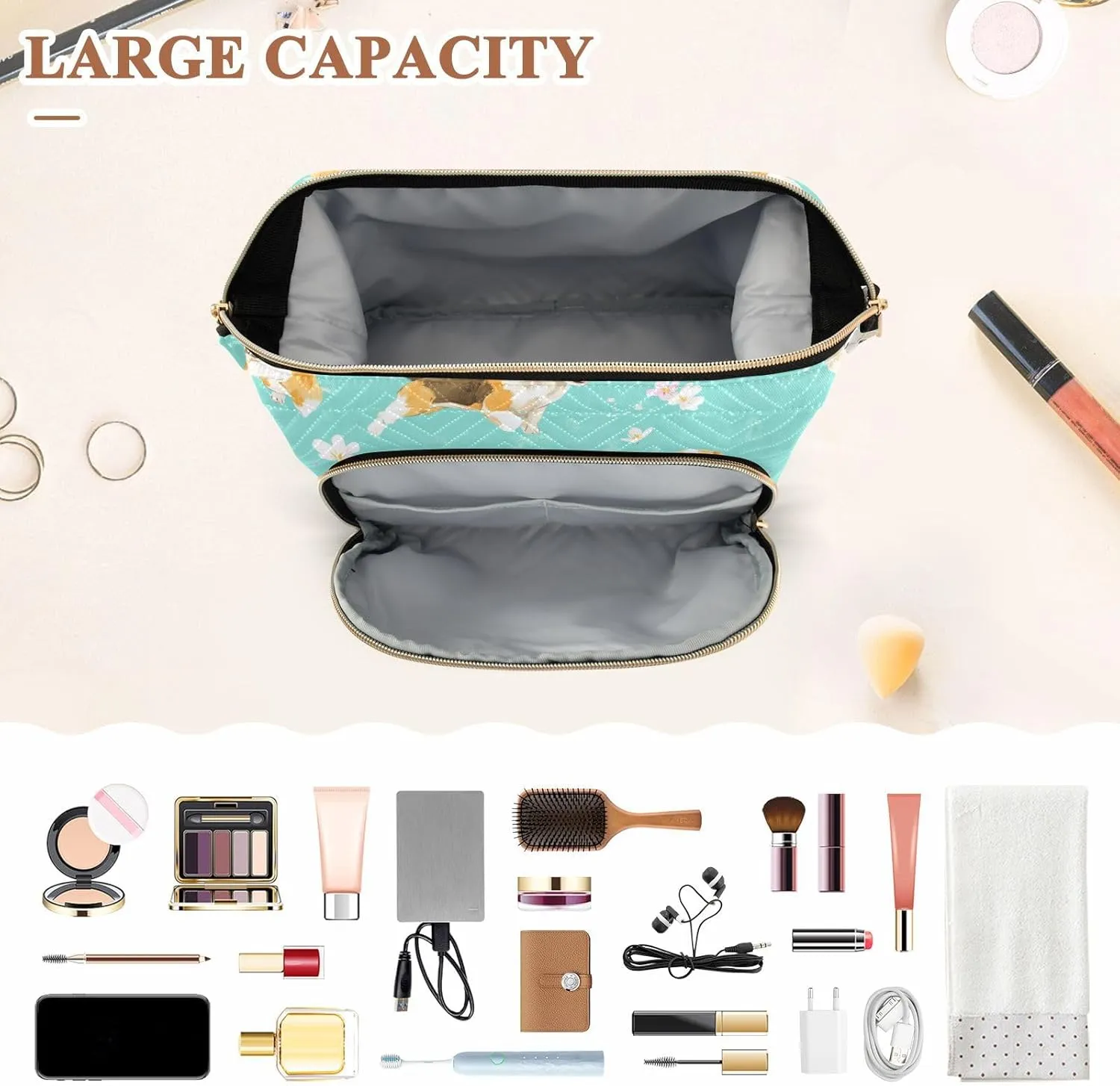 KLL Funny Beagle Dogs Turquoise Cosmetics Bag Zipper Bathroom Storage Bag Women Coin Purse for Cosmetic Travel