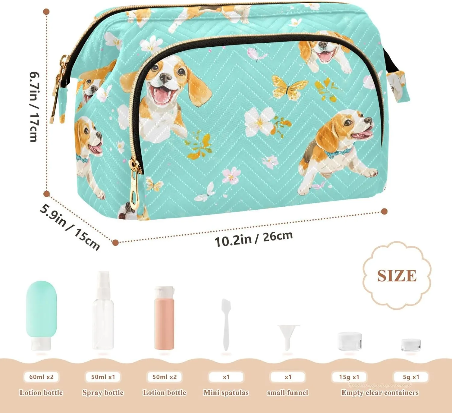 KLL Funny Beagle Dogs Turquoise Cosmetics Bag Zipper Bathroom Storage Bag Women Coin Purse for Cosmetic Travel