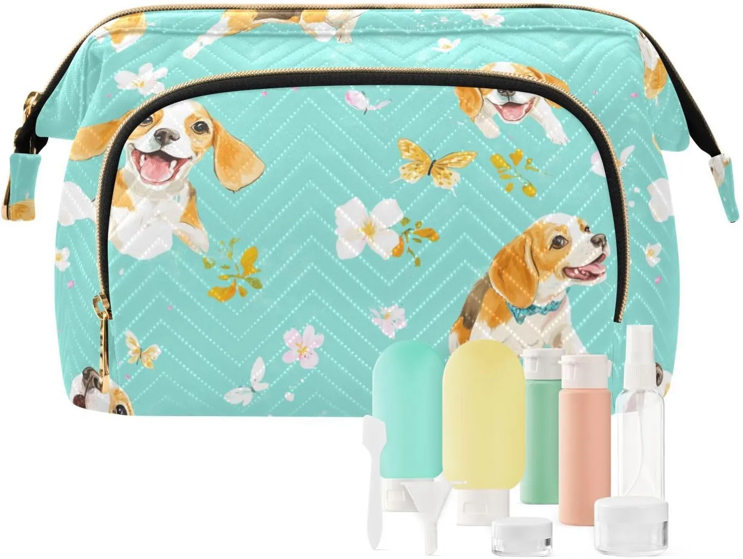 KLL Funny Beagle Dogs Turquoise Cosmetics Bag Zipper Bathroom Storage Bag Women Coin Purse for Cosmetic Travel