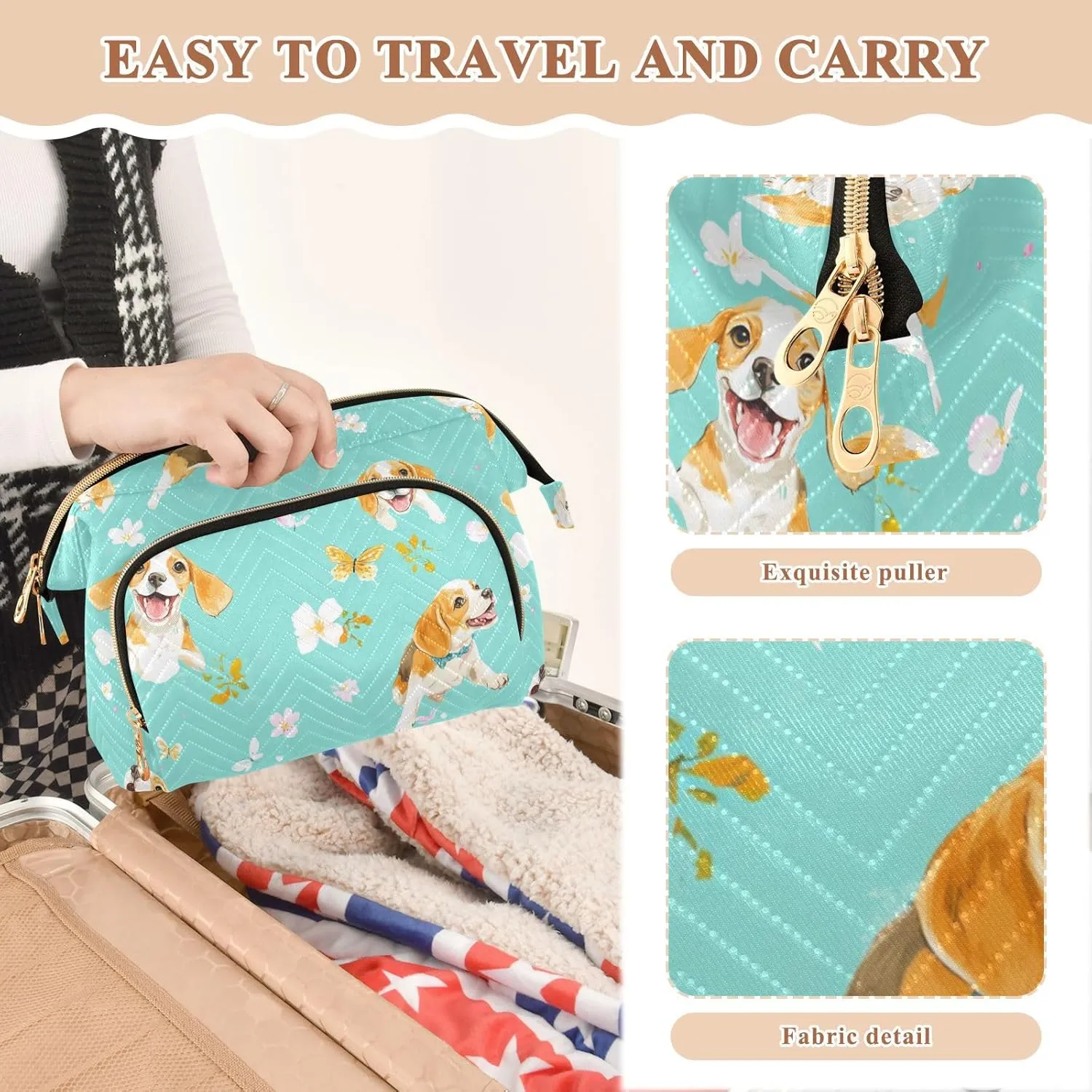 KLL Funny Beagle Dogs Turquoise Cosmetics Bag Zipper Bathroom Storage Bag Women Coin Purse for Cosmetic Travel