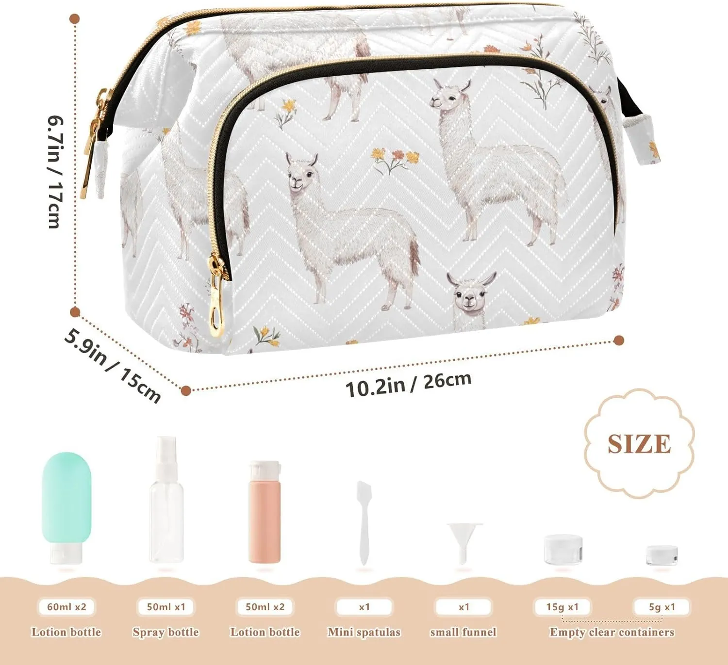 KLL Funny Llama White Toiletry Bag Lightweight Makeup Travel Bag Women Coin Purse for Personal Items Organizer