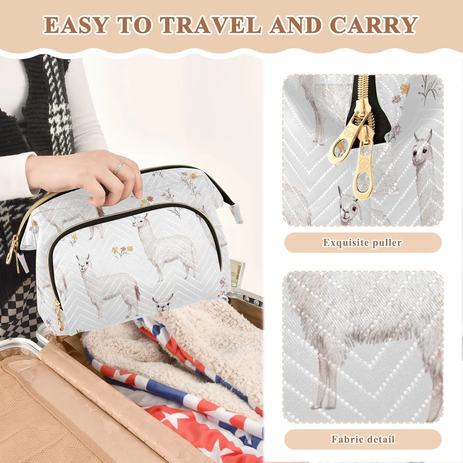 KLL Funny Llama White Toiletry Bag Lightweight Makeup Travel Bag Women Coin Purse for Personal Items Organizer